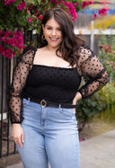 LANA Black Polka Dot Puff Sleeve Top